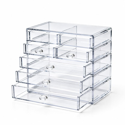 Clear multi-drawer beauty organizer on white background