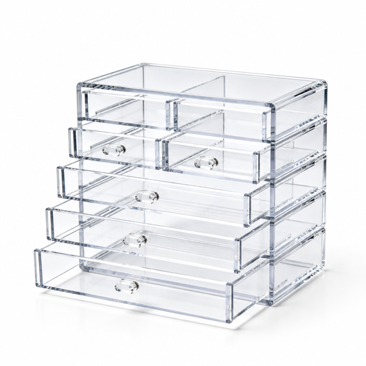 Clear multi-drawer beauty organizer on white background
