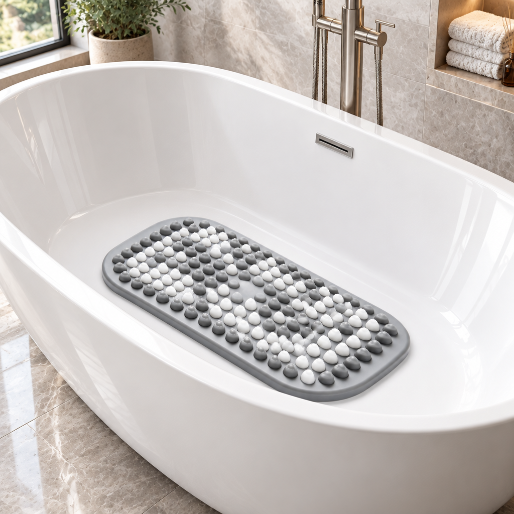 Bath mat styled in empty freestanding bathtub