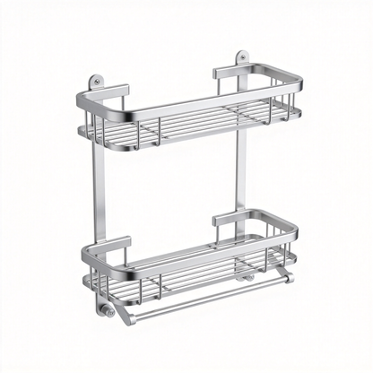 Silver-tone two-tier wall-mounted shower shelf with wire baskets