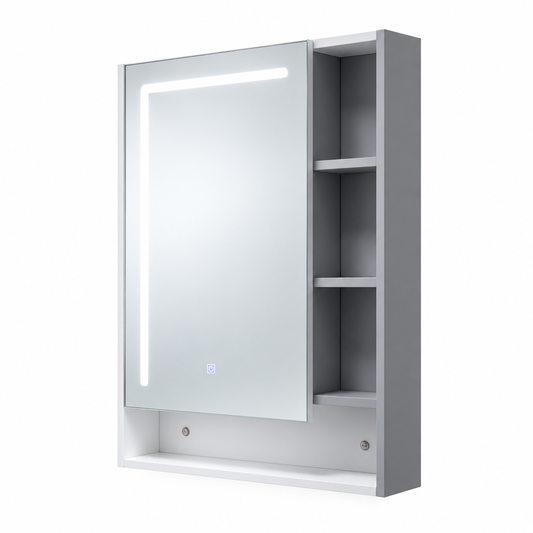Illuminated mirror cabinet on white background