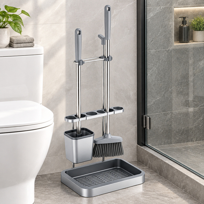 Cleaning tool station in bathroom corner