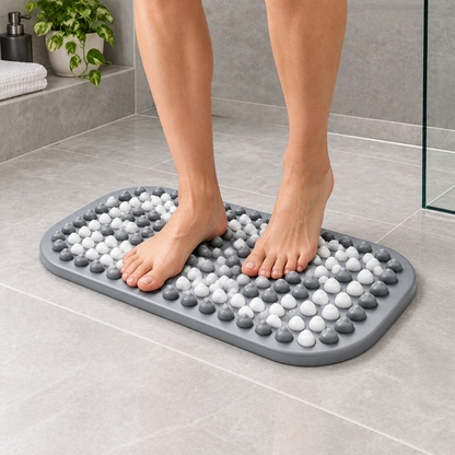 Person standing barefoot on textured bath mat in dry shower