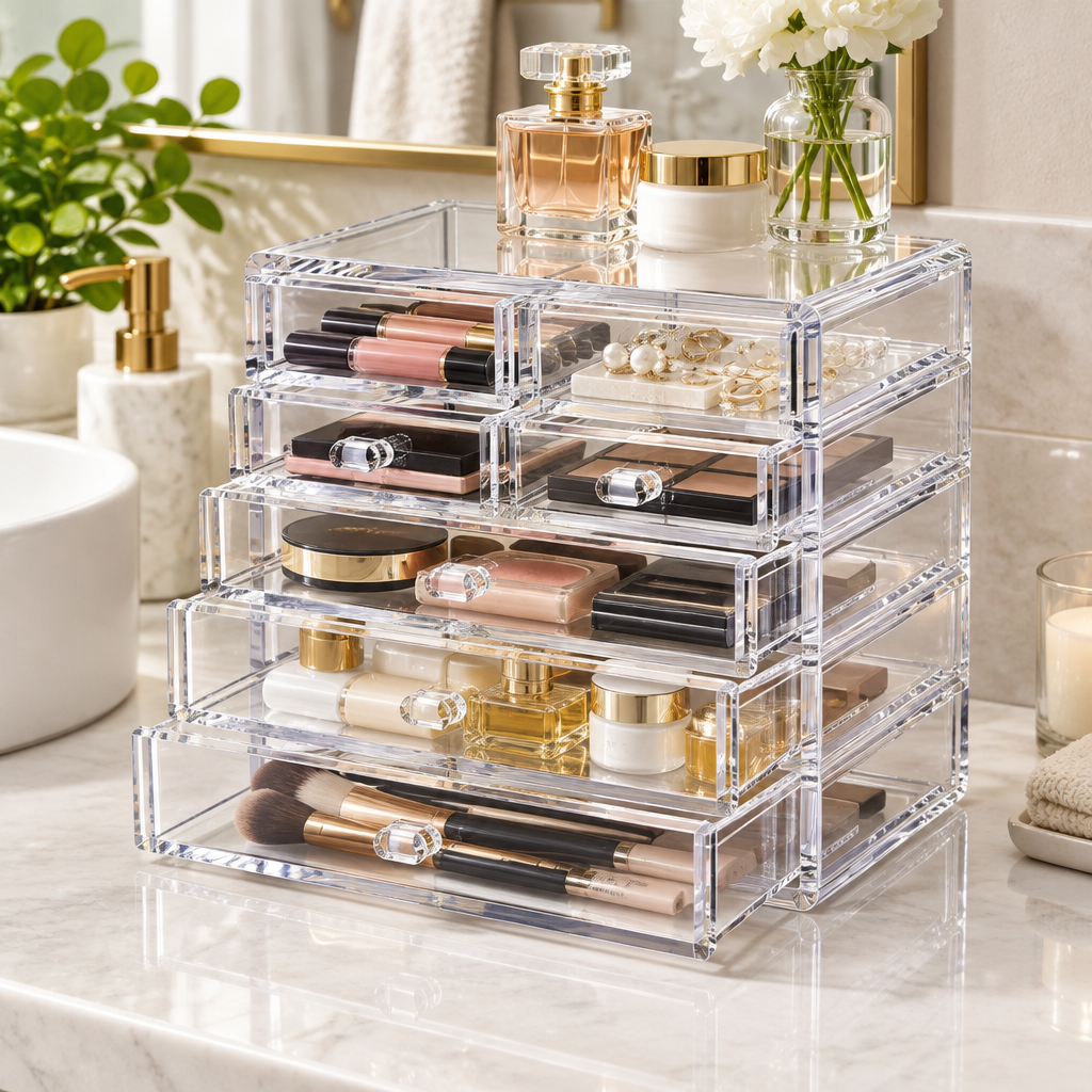 Transparent beauty organizer on dry bathroom counter