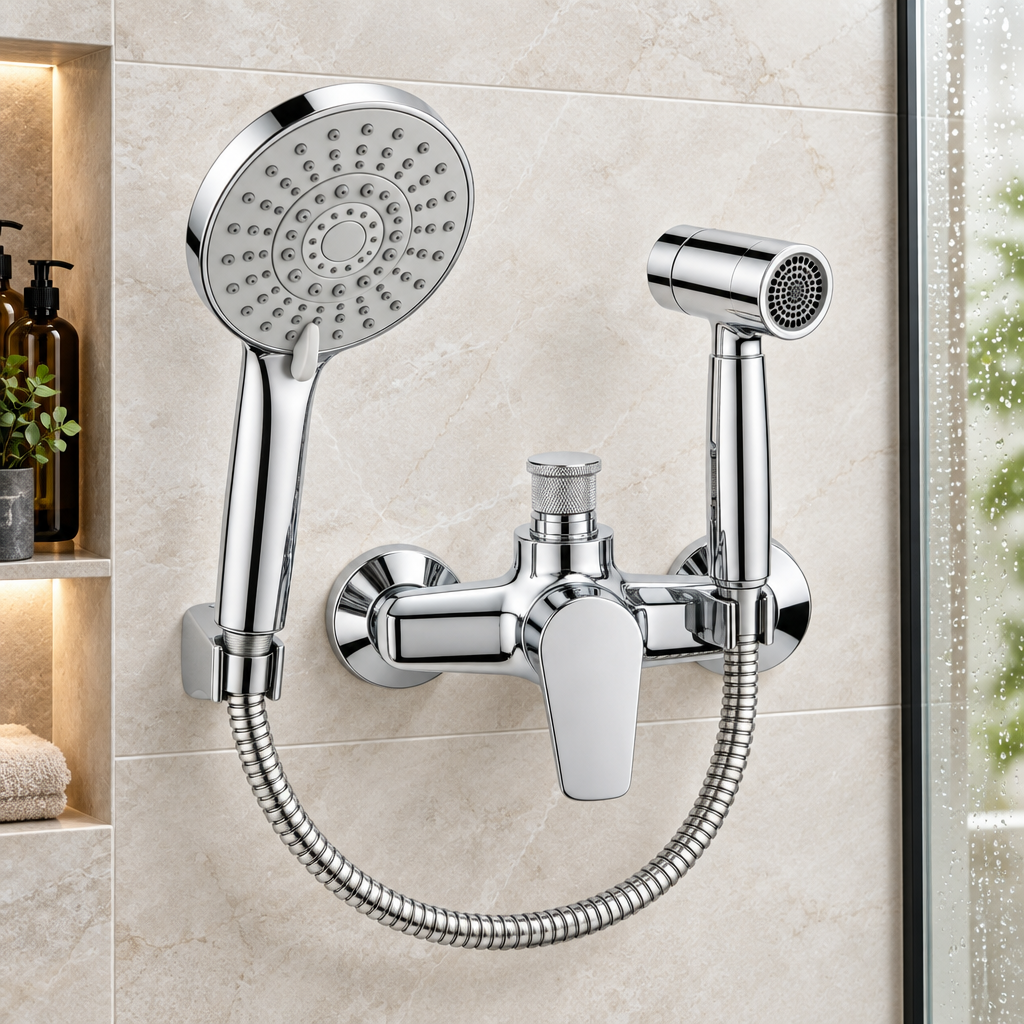 Dual handheld shower set on pale shower wall