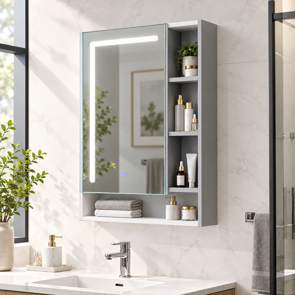 Mirror cabinet above bright bathroom vanity
