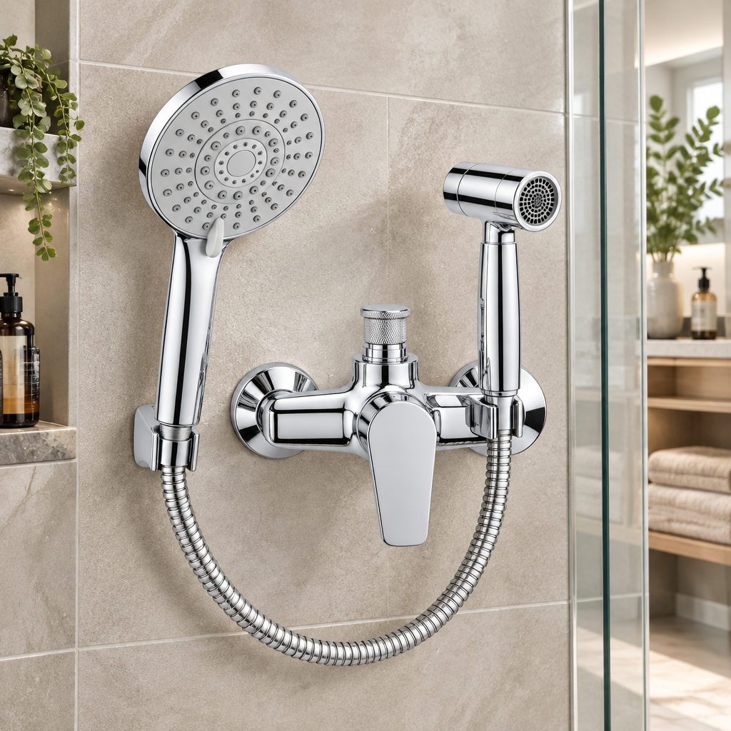 Shower set in contemporary bathroom