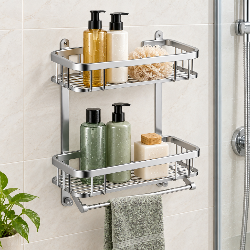 Shower shelf on tiled shower wall with bath products