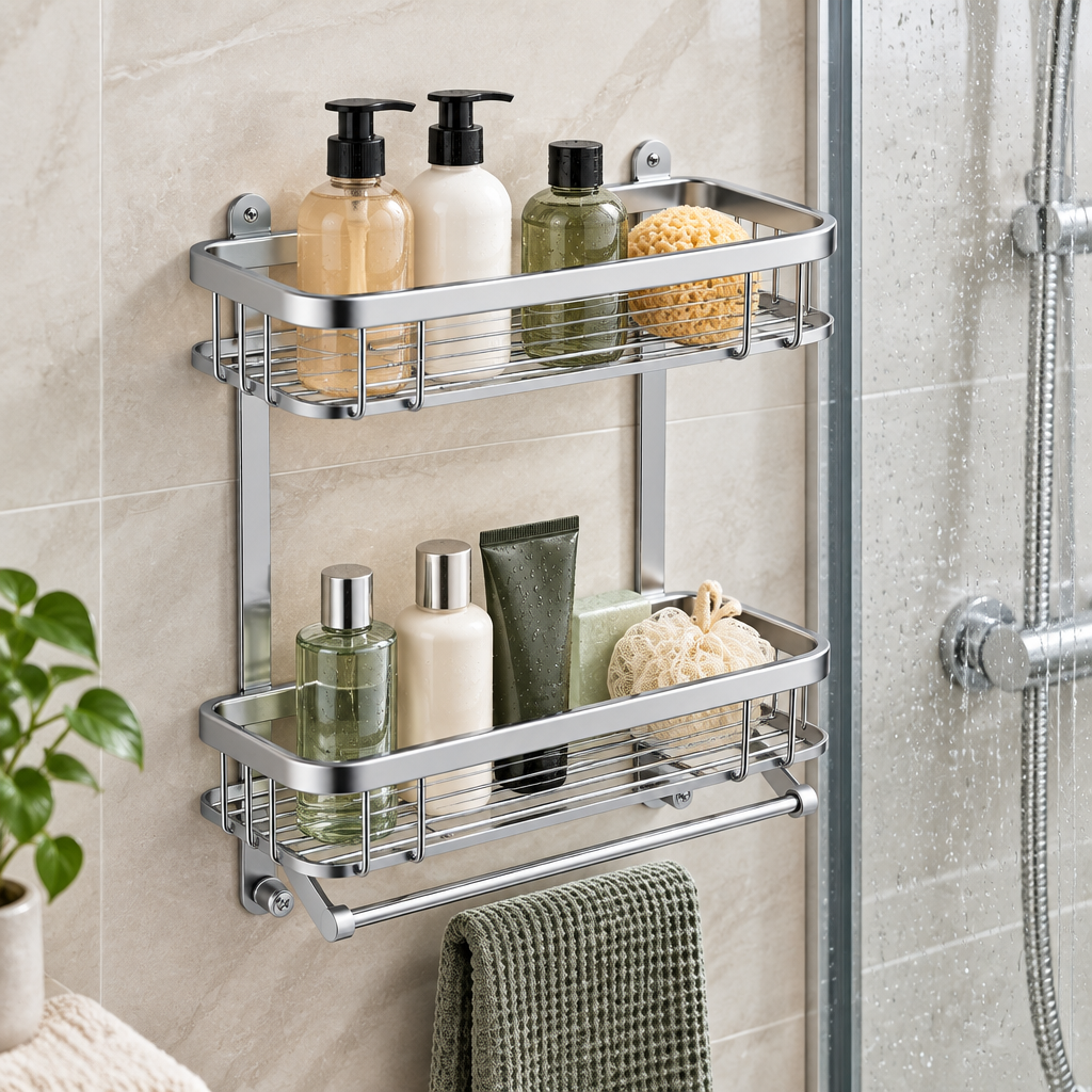 Shower shelf in compact family bathroom