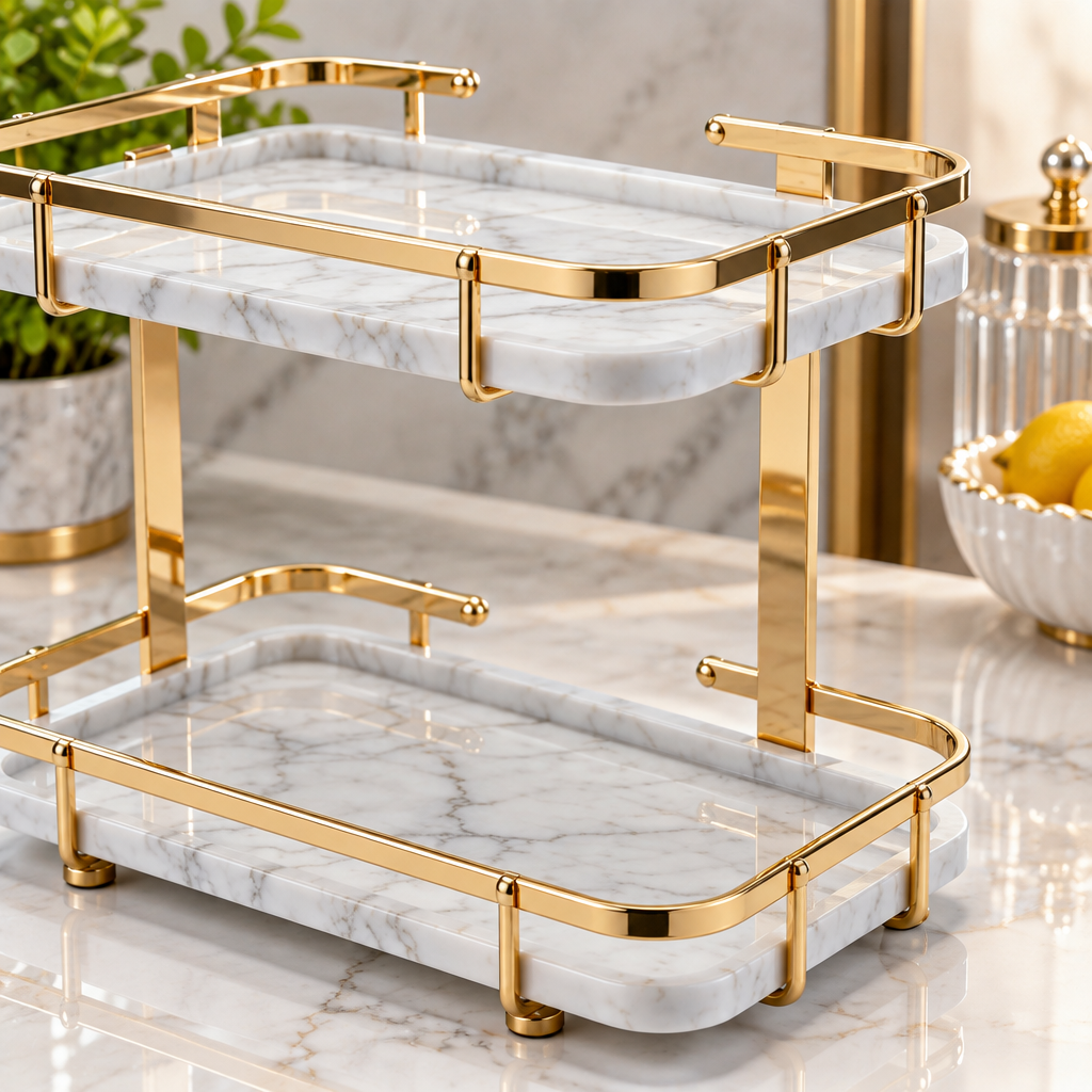 Close-up of two-tier gold-tone supports