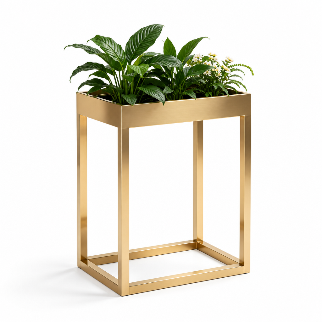 Gold-tone rectangular planter stand on white