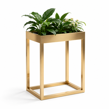 Gold-tone rectangular planter stand on white