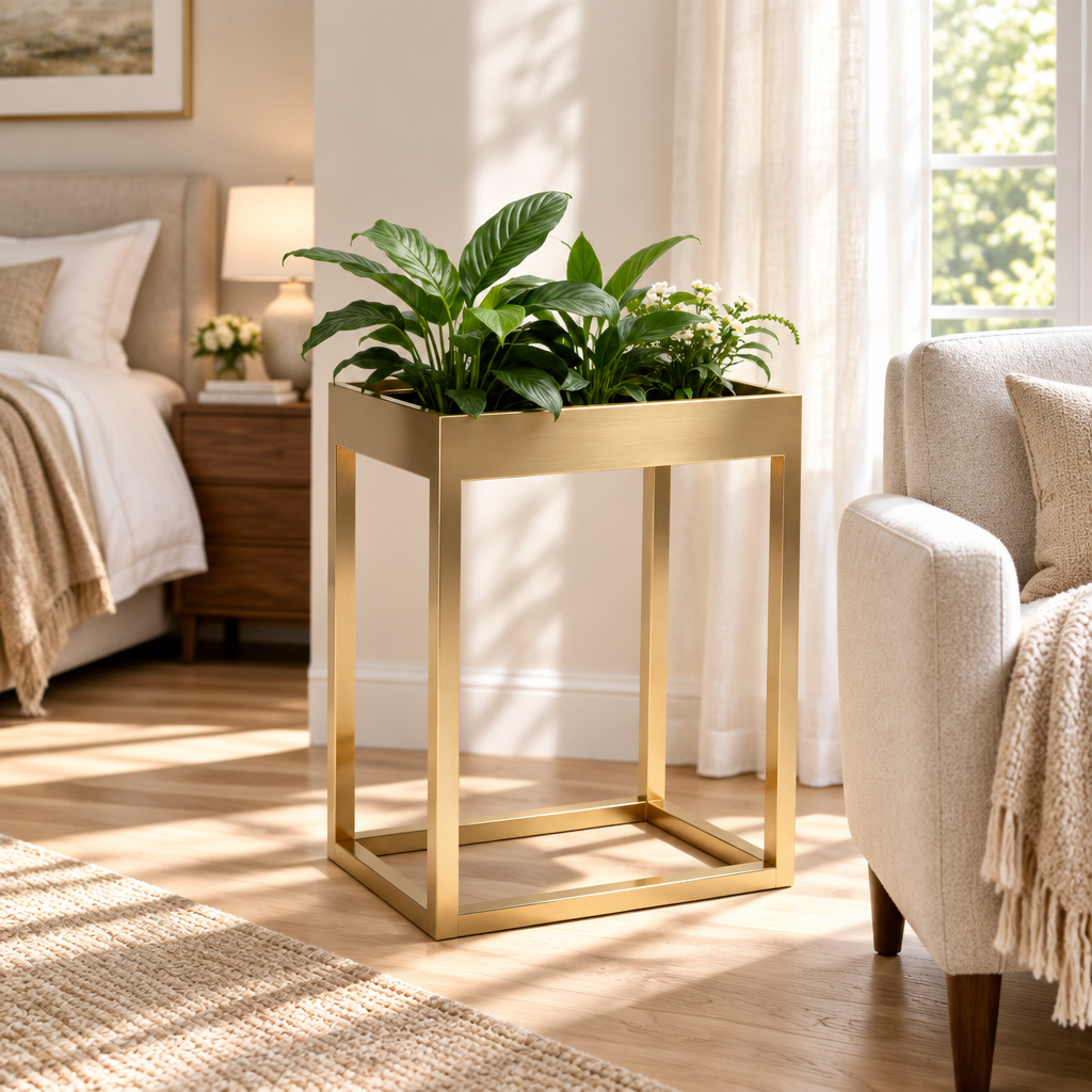 Gold-tone planter stand in bedroom