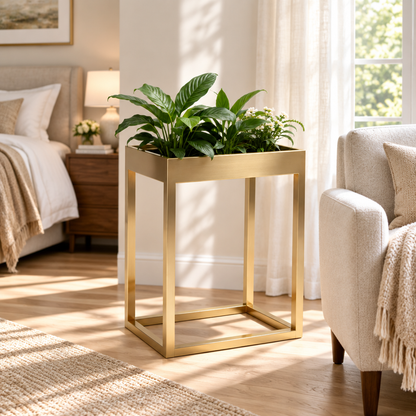 Gold-tone planter stand in bedroom