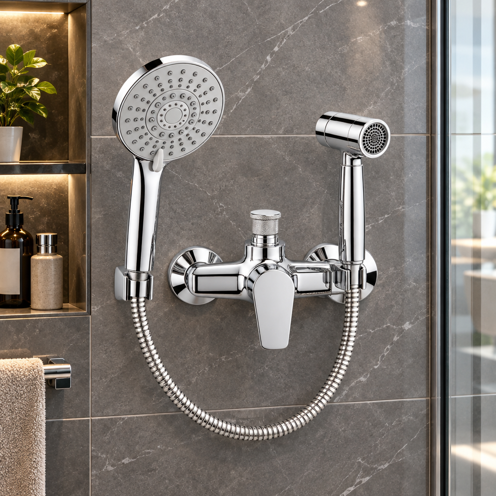 Shower set in compact urban bathroom