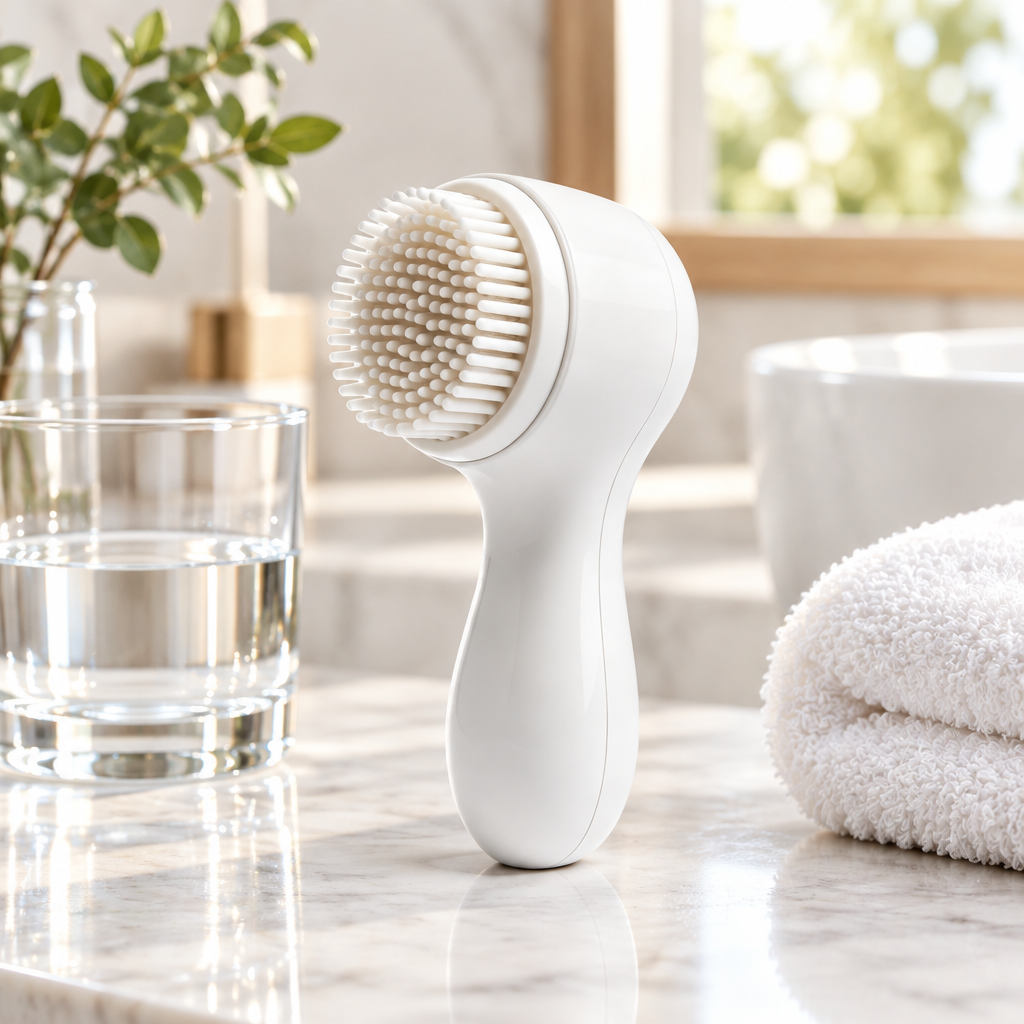 Facial cleansing brush in morning bathroom scene
