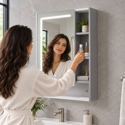 Person reaching for skincare beside illuminated mirror cabinet