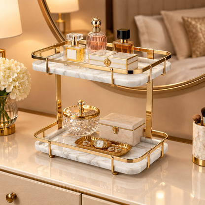 Display stand with fragrances on bedroom dresser