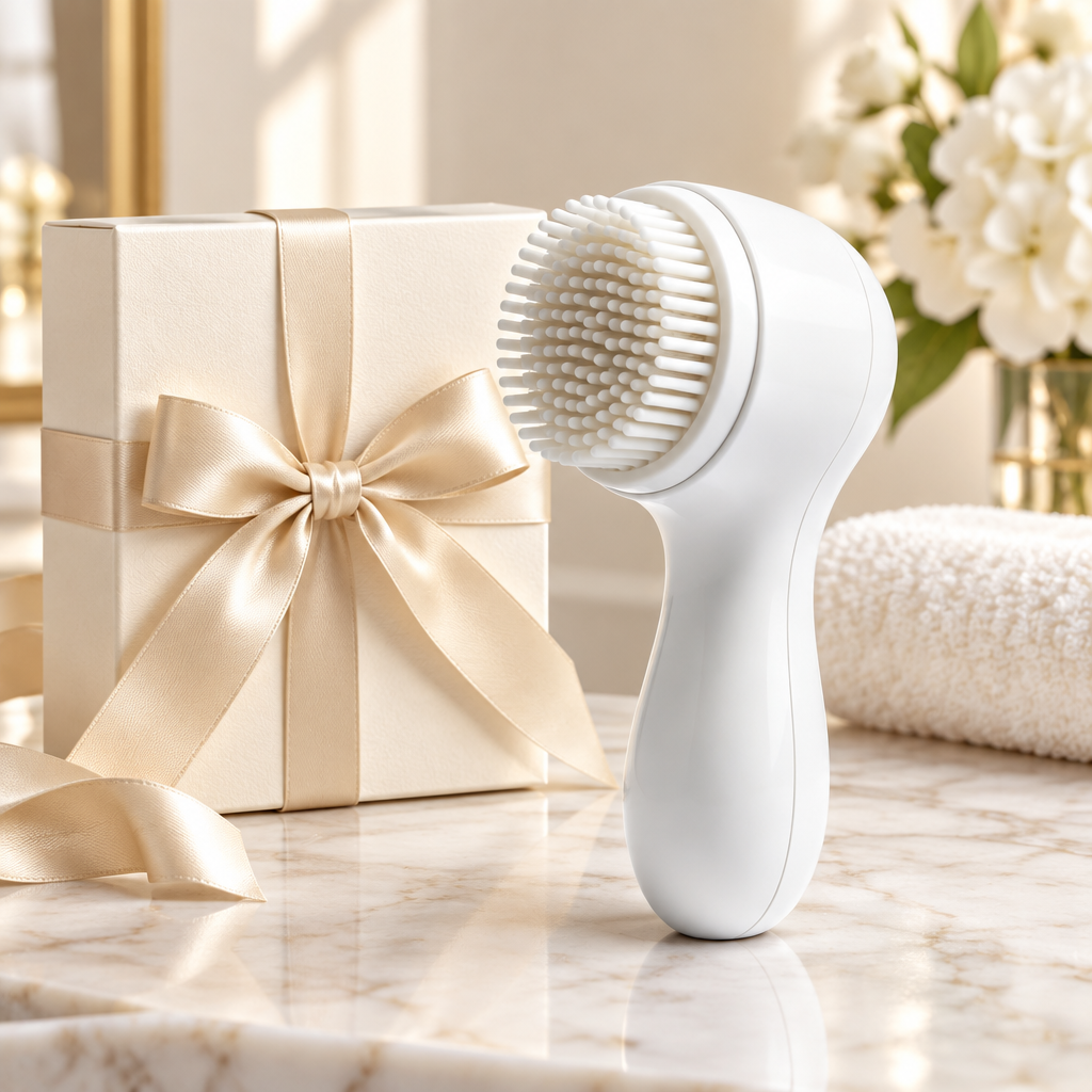 Gift presentation concept with white facial brush